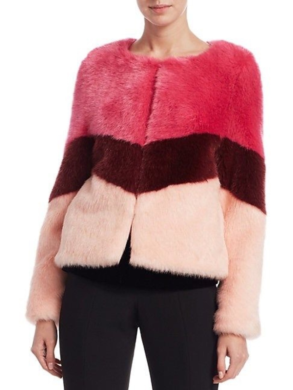 Scripted Faux Fur Colorblock Jacket in Dusty Pink